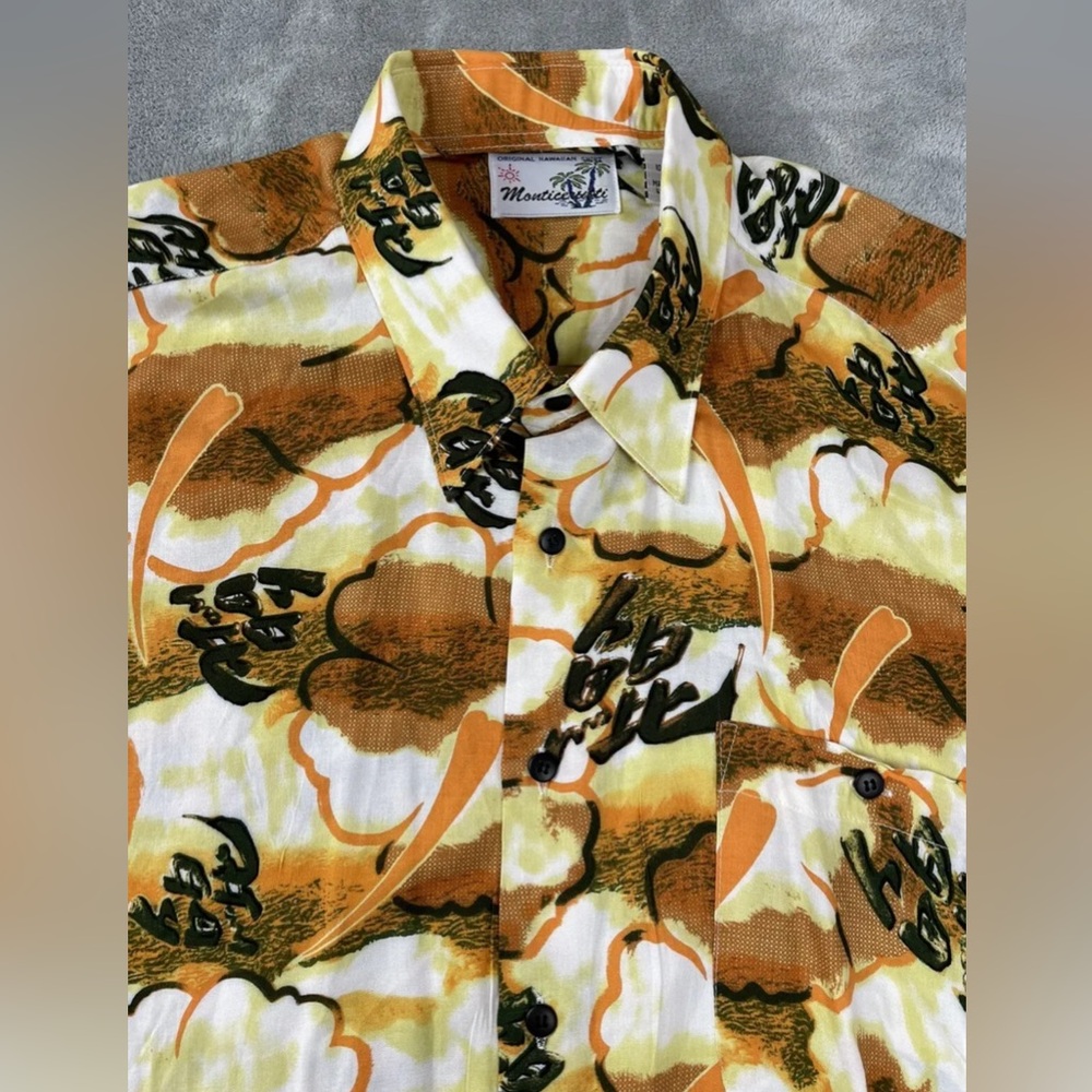 Monticerutti Hawaiian Shirt Men’s Large XL Relaxed Japanese Asian Style Orange